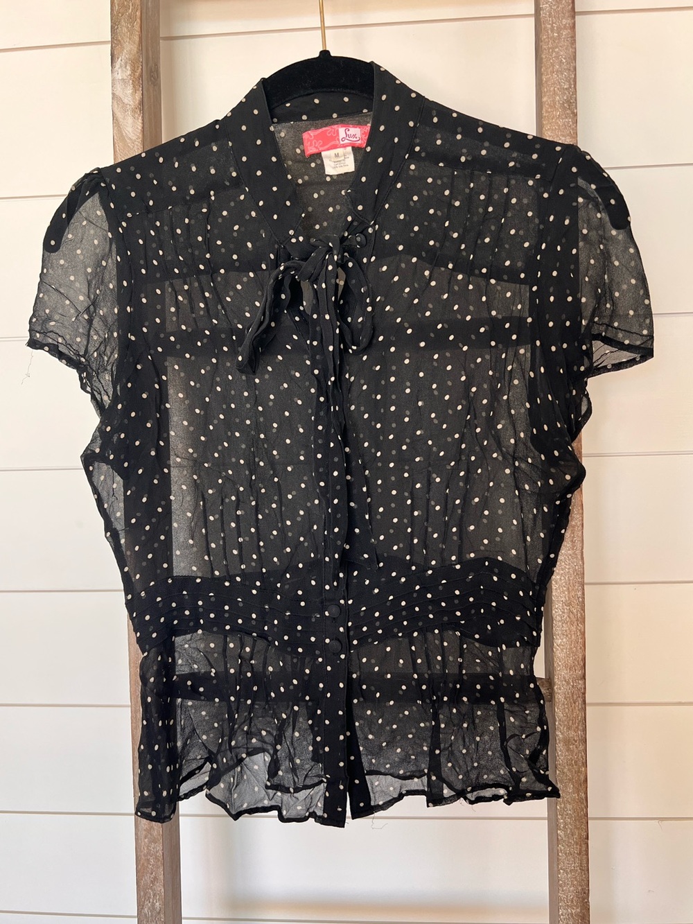 LUX | Vintage-Inspired Black Polka Dot Tie-Neck Blouse